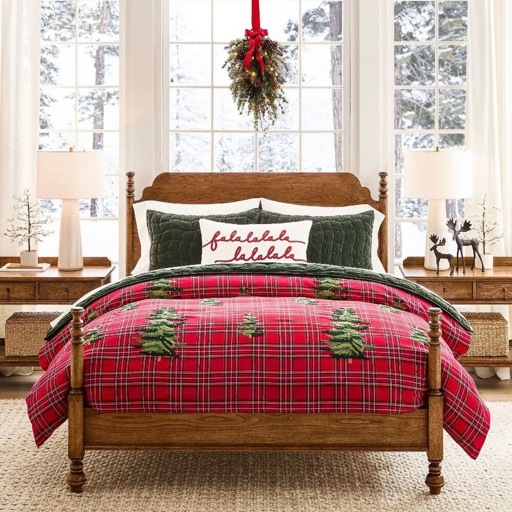 Pottery Barn Elliot KING / CAL Duvet Cover Christmas Tree Embroidered Red Plaid